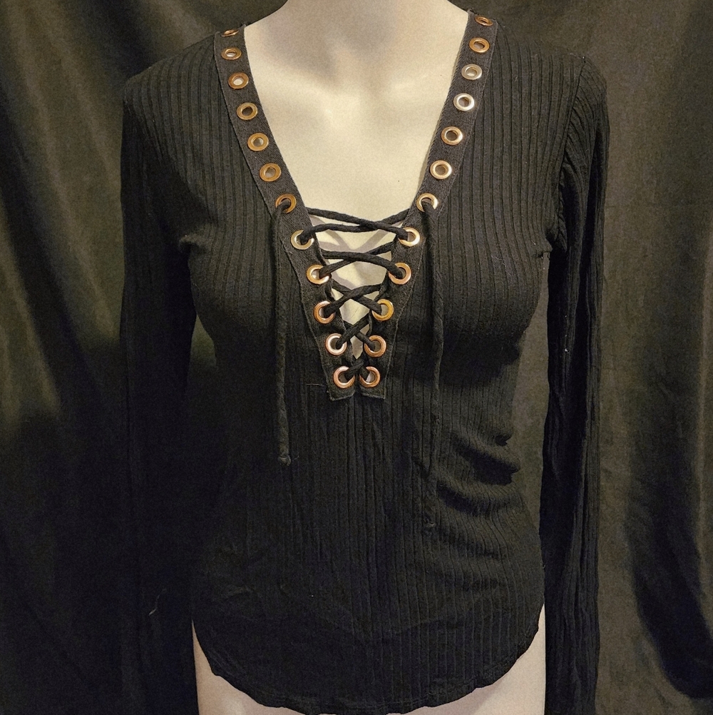 Sans Souci Black Lace-Up Long Sleeve Top